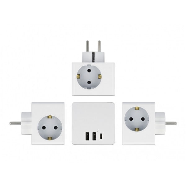 Delock 11496 3-oldalú multi-csatlakozó kocka gyerekzárral és USB töltőfelülettel, fehér