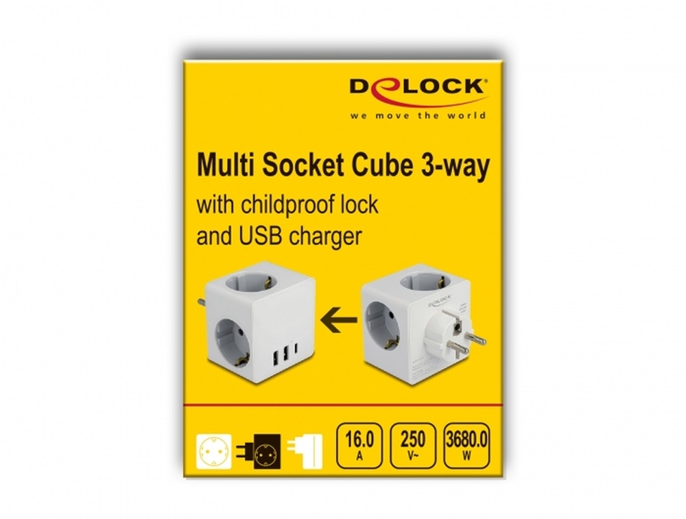 Delock 11496 3-oldalú multi-csatlakozó kocka gyerekzárral és USB töltőfelülettel, fehér