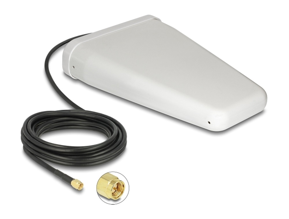 Delock 12001 LTE-antenna, SMA-csatlakozódugó, 7 - 9 dBi kétirányú, csatlakozókábellel (RG-58, 5 m), fehér,