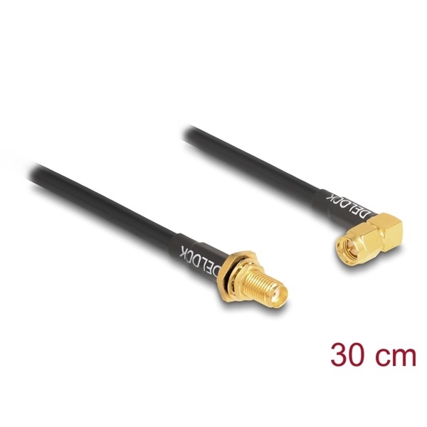 Delock 12110 Antennakábel fröccsenésbiztos SMA anya válaszfal SMA apához, 90 , RG-58, 30 cm