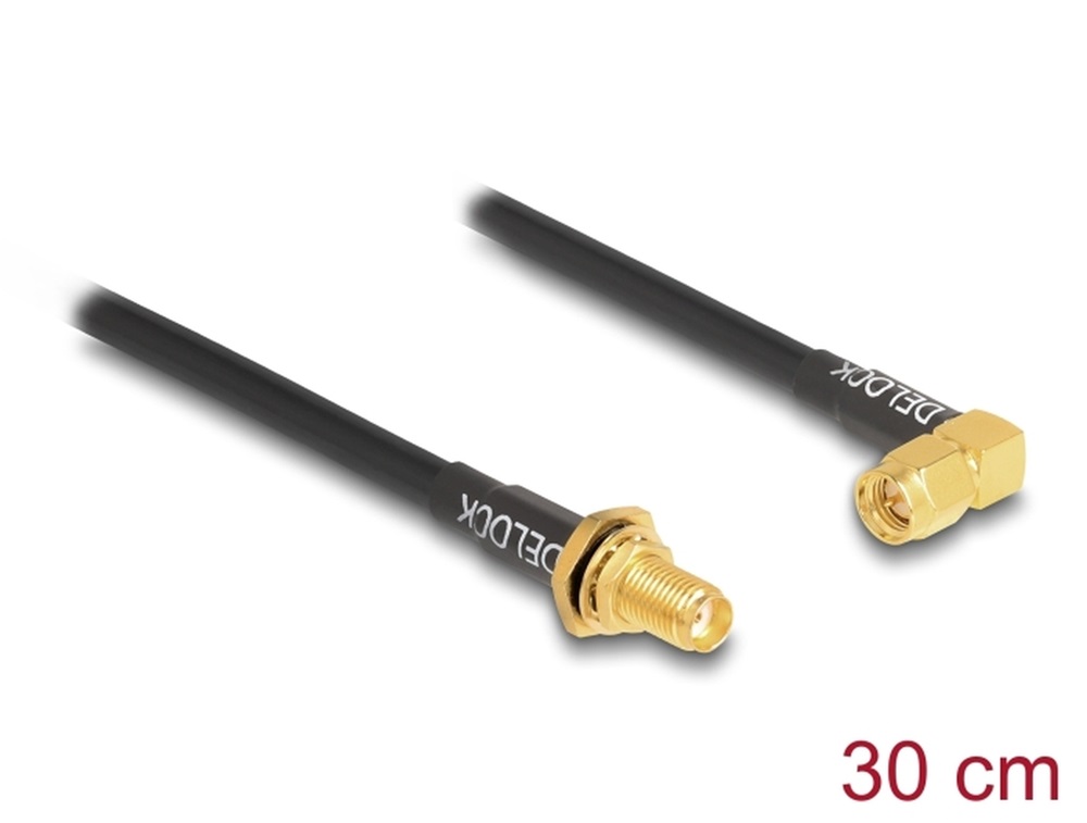 Delock 12110 Antennakábel fröccsenésbiztos SMA anya válaszfal SMA apához, 90 , RG-58, 30 cm