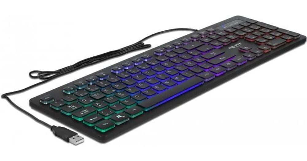 Delock 12625 NÉMET USB csatlakozós, 1,5 m hosszú vezetékes klaviatúra RGB megvilágítással