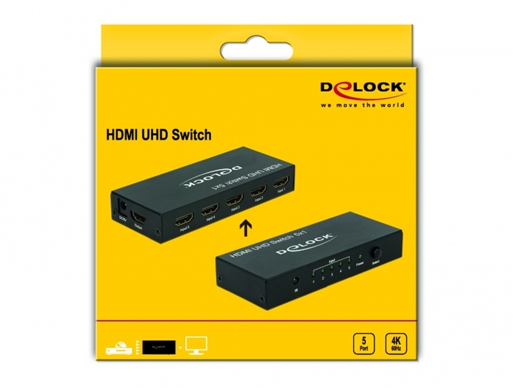 Delock 18685 HDMI UHD-kapcsoló, 5 x HDMI-bemenet > 1 x HDMI-kimenet, 4K