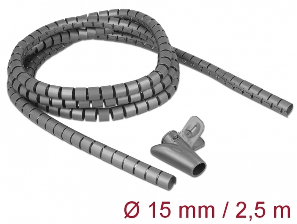 Delock 18843 Spirális kábelburkolat behúzó eszközzel 2,5 m x 15 mm szürke