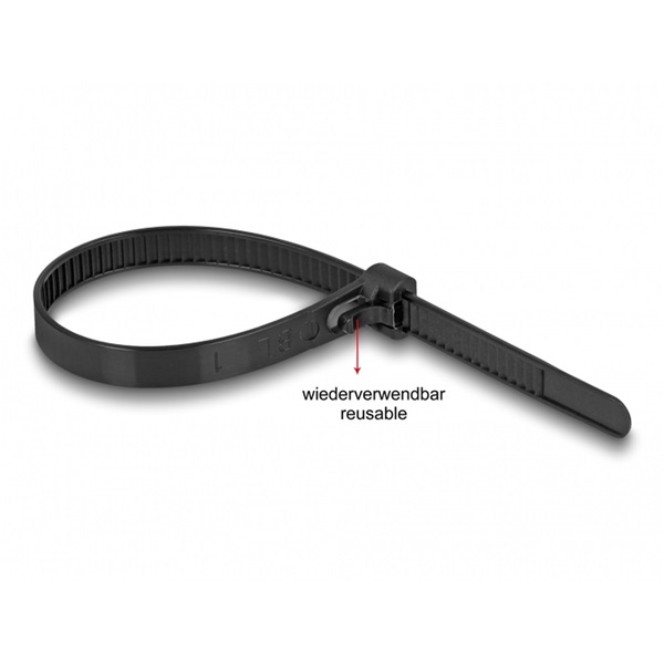 Delock 19064 Kábelösszekötő újrahasznosítható hőálló hossza 150 mm, szélessége 7,5 mm, 100 db. Fekete