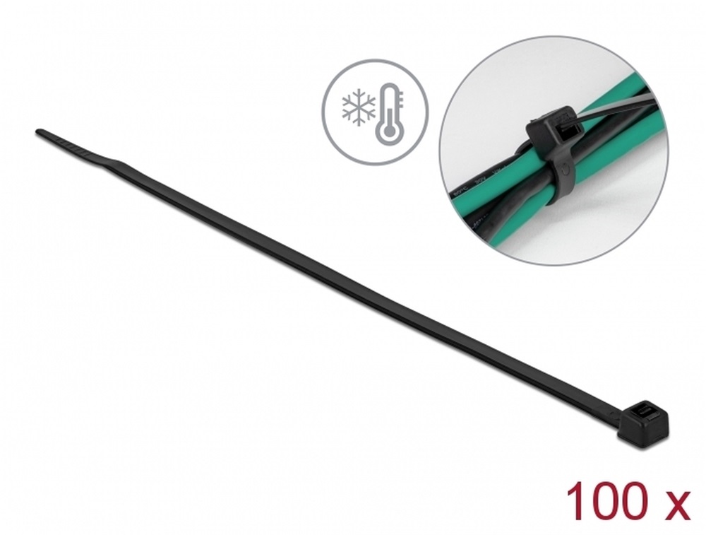 Delock 19227 Kábelkötöző ellenáll a hideg hőmérsékletnek hossza 380 x szélessége 4,8 mm, 100 db. Fekete