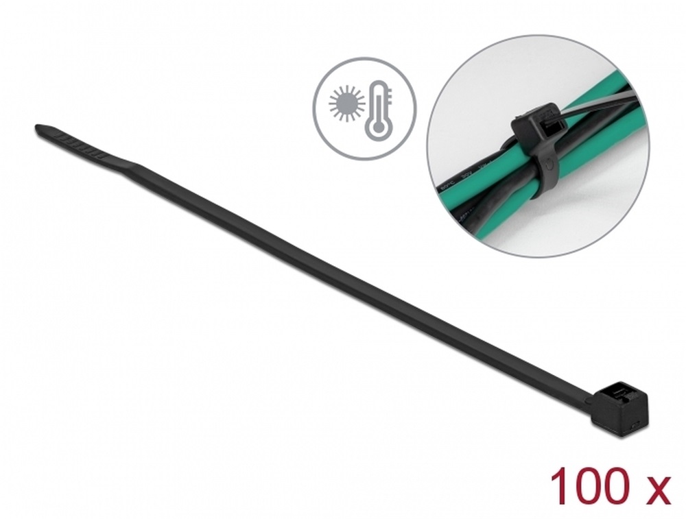 Delock 19229 Kábelkötöző ellenáll a forró hőmérsékletnek hossza 100 x szélessége 2,5 mm, 100 db. Fekete