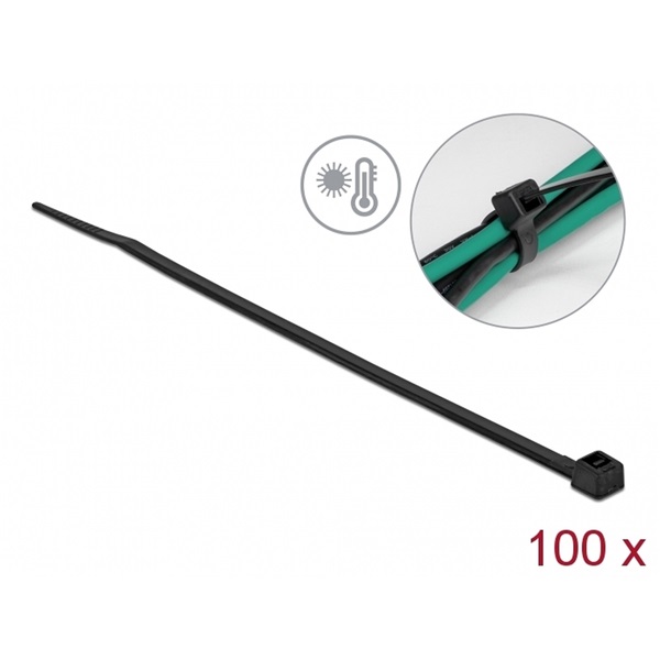 Delock 19353 Kábelkötöző ellenáll a forró hőmérsékletnek hossza 200 x szélessége 3,6 mm, 100 db. Fekete