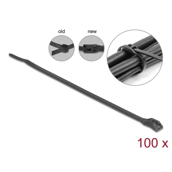 Delock 19466 Kábelkötegelő lapos fejrésszel hossza 205 mm szélessége 2,5 mm, 100 db. Fekete