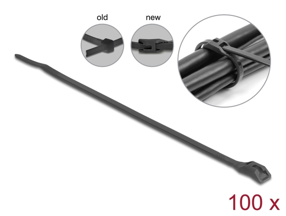 Delock 19503 Kábelkötegelő lapos fejrésszel hossza 370 mm szélessége 7,6 mm, 100 db. Fekete