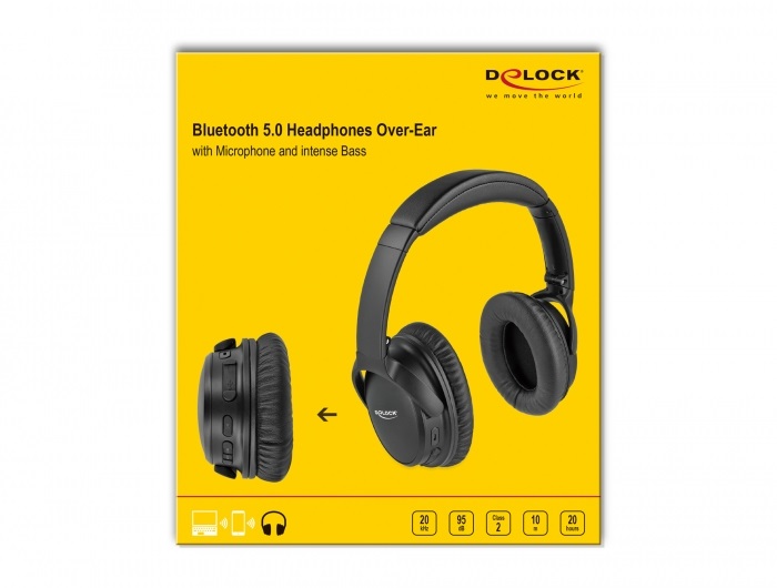 Delock 27181 Bluetooth 5.0 fejhallgató összehajtható, beépített mikrofonnal és intenzív Basszussal