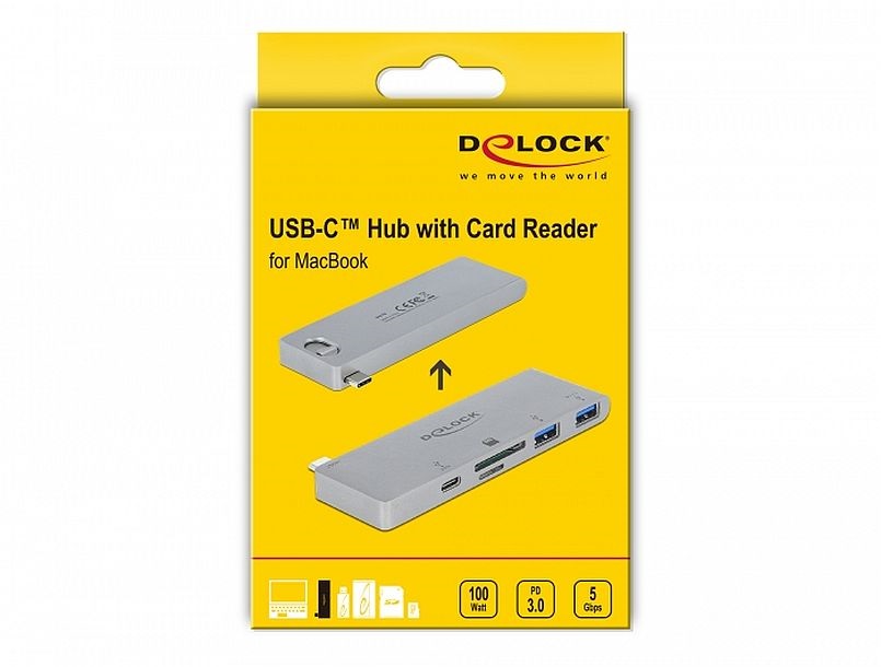 Delock 64078 3 portos elosztó és 2 bemenetes kártyaolvasó MacBook-hoz 3.0 PD-vel és mozgatható (behúzható)