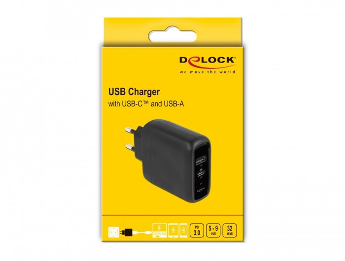 Delock 41455 USB-C PD 3.0 + USB-A 20W+12W hálózati töltő