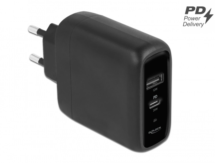 Delock 41455 USB-C PD 3.0 + USB-A 20W+12W hálózati töltő