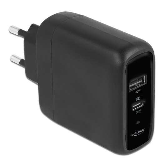 Delock 41455 USB-C PD 3.0 + USB-A 20W+12W hálózati töltő