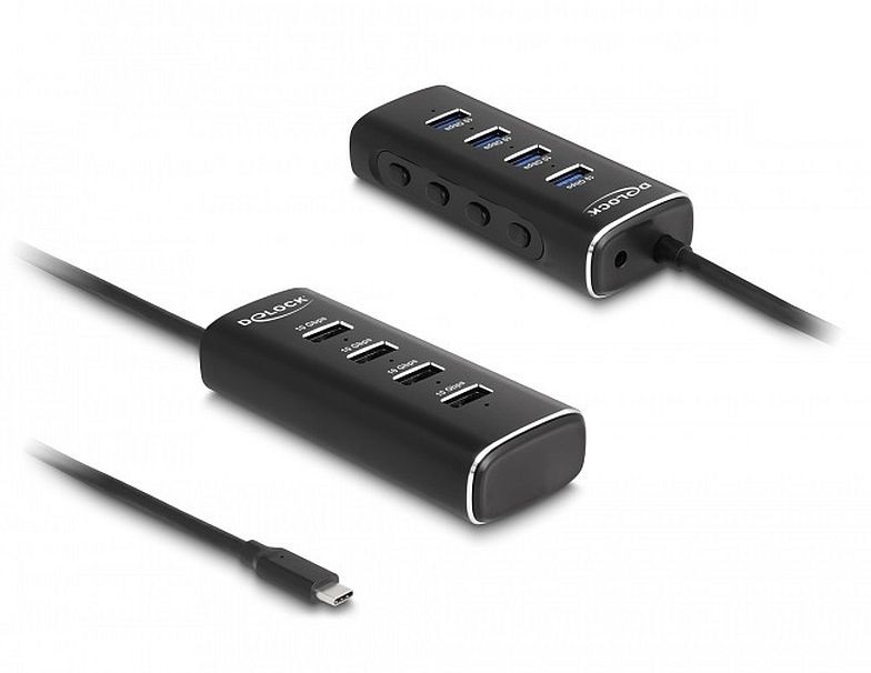 Delock 64233 4 portos USB 10 Gbps hub USB Type-C , 60 cm hosszú kábellel és az egyes portokhoz tartozó kapcsolóval
