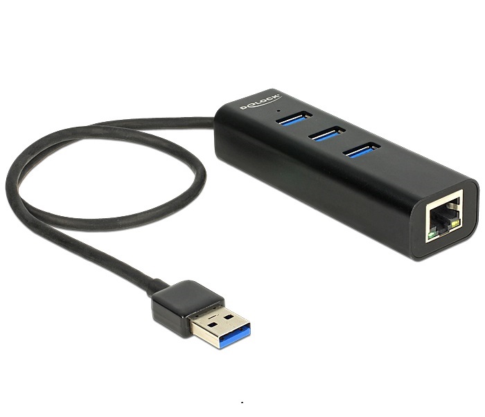 Delock 62653 USB 3.0-s elosztó 3 porttal + 1 Gigabit LAN-port 10/100/1000 Mb/s
