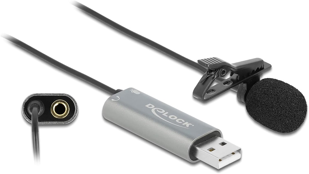 Delock 66638 USB Tie Lavalier mindenirányú csiptetős mikrofon 24 bit / 192 kHz és 3,5 mm-es sztereo jack f