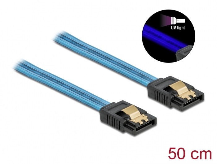 Delock 82130 6 Gb/s SATA kábel UV fényhatással kék színű, 50 cm