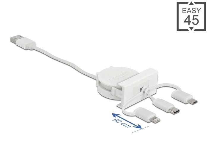 Delock 81375 Easy 45 3 az 1-ben USB-A 2.0 - USB-C/MicroUSB/Lightning behúzható kábel