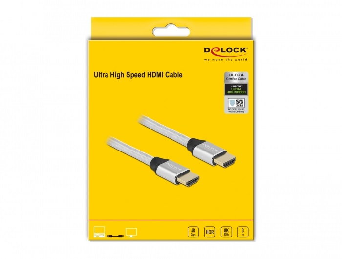Delock 85368 3m Ultra nagy sebességű HDMI 48Gbps 8K 60Hz ezüst kábel