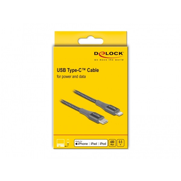 Delock 86630 50cm USB-C - Lightning iPhone/iPad/iPod kompatibilis szürke MFi adat- és töltőkábel