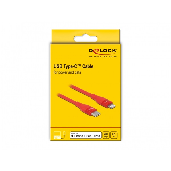 Delock 86633 50cm USB-C - Lightning iPhone/iPad/iPod kompatibilis piros MFi adat- és töltőkábel