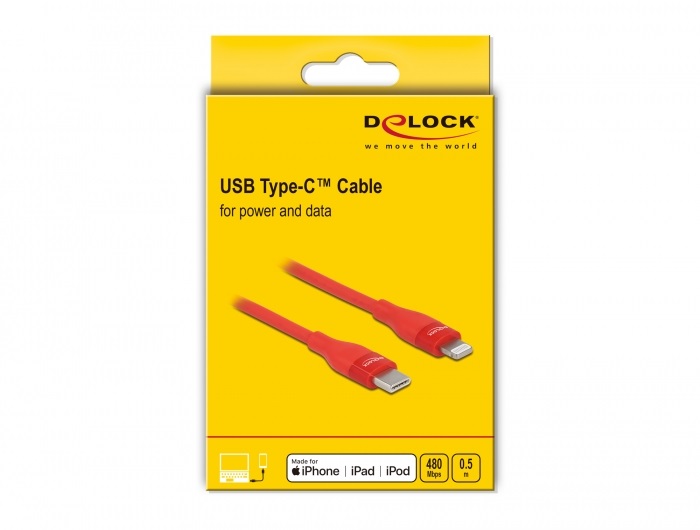Delock 86633 50cm USB-C - Lightning iPhone/iPad/iPod kompatibilis piros MFi adat- és töltőkábel