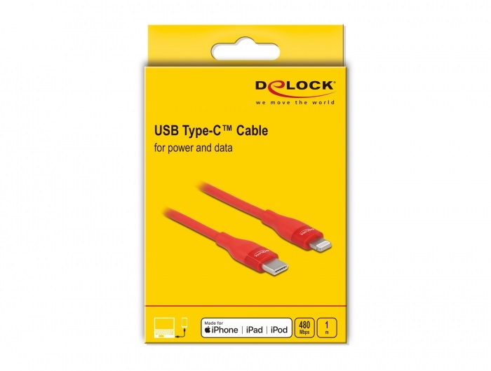 Delock 86634 1m USB-C - Lightning iPhone/iPad/iPod kompatibilis piros MFi adat- és töltőkábel