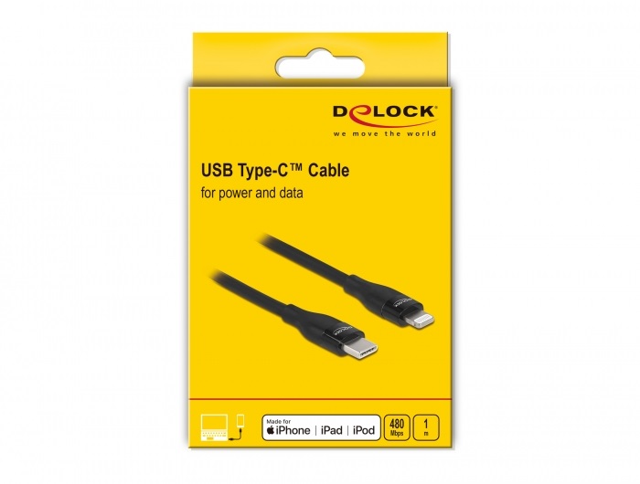 Delock 86637 1m USB-C - Lightning iPhone/iPad/iPod kompatibilis fekete MFi adat- és töltőkábel