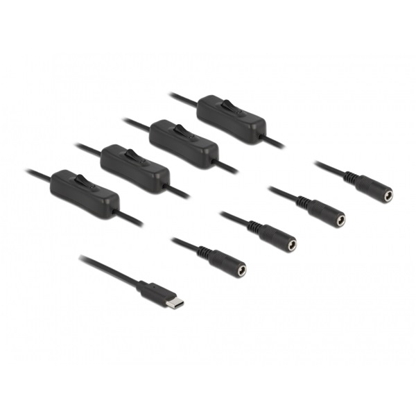 Delock 86802 1m USB-C apa - 4xDC5,5x2,1mm anya max. 10W kapcsolós kábel