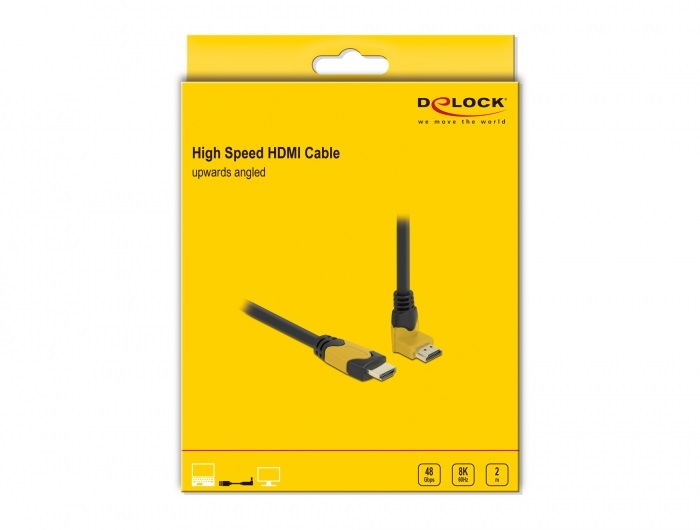 Delock 86989 2m High Speed HDMI 48Gbps apa egyenes - apa 90°-ban felfelé hajlított kábel