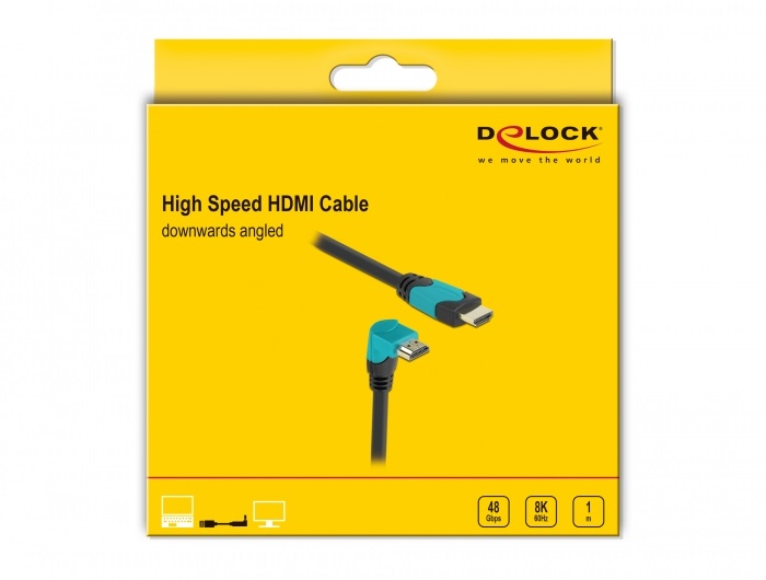 Delock 86991 1m High Speed HDMI 48Gbps apa egyenes - apa 90°-ban lefelé hajlított kábel