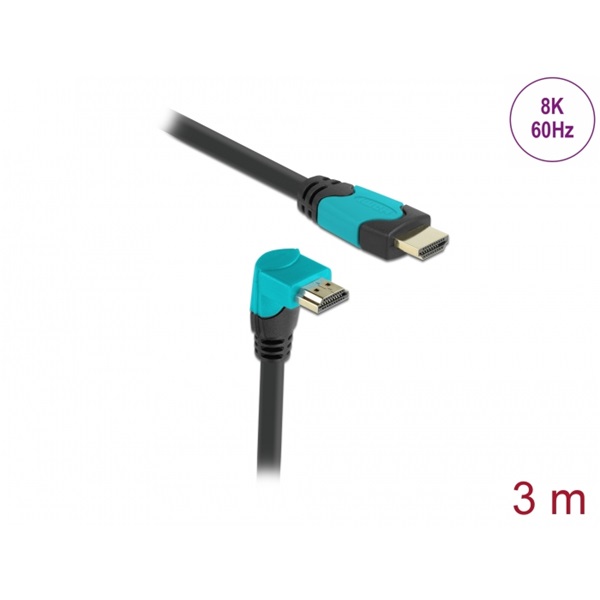 Delock 86993 3m High Speed HDMI 48Gbps apa egyenes - apa 90°-ban lefelé hajlított kábel