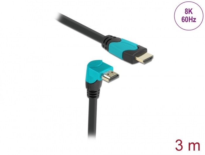 Delock 86993 3m High Speed HDMI 48Gbps apa egyenes - apa 90°-ban lefelé hajlított kábel