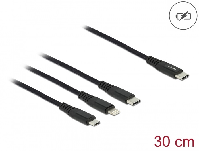 Delock 87148 30cm 3 az 1-ben USB-C - Lightning/MicroUSB/USB-C töltő kábel