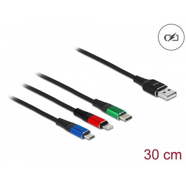 Delock 87236 30cm 3 az 1-ben USB-A - Lightning/MicroUSB/USB-C töltő kábel