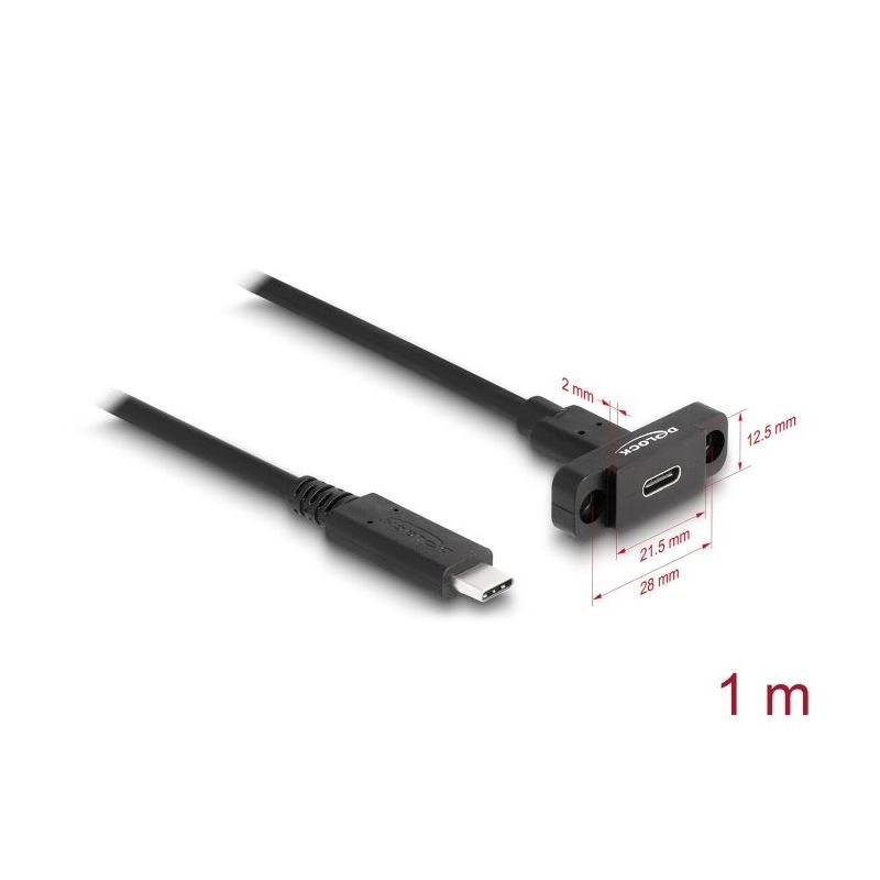 Delock 87824 SuperSpeed USB 10 Gbps (USB 3.2 Gen 2) USB Type-C kábel apa-anya 1 m panel-csatlakozójú fekete