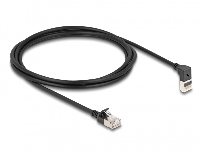 Delock 80288 RJ45 hálózati kábel Cat.6A S/FTP vékony 90  fokban felfelé hajló / egyenes 2 m fekete