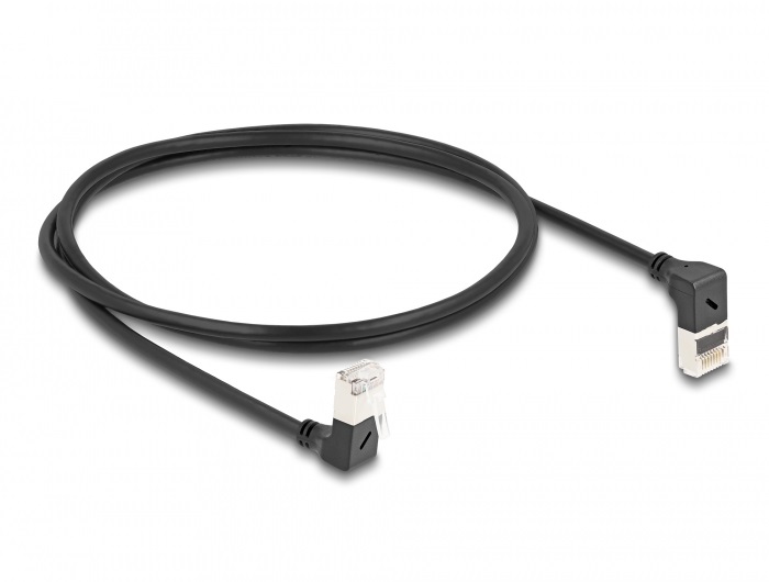 Delock 80293 RJ45 hálózati kábel Cat.6A S/FTP vékony 90  fokban felfelé / lefelé hajló 1 m fekete