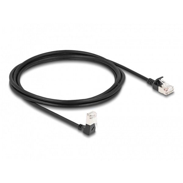 Delock 80306 RJ45 hálózati kábel Cat.6A S/FTP vékony 90  fokban lefelé hajló / egyenes 2 m fekete