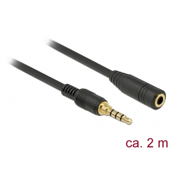 Delock 85631 Sztereó jack hosszabbító kábel 3,5 mm 4-tűs apa > anya 2 m hosszú fekete