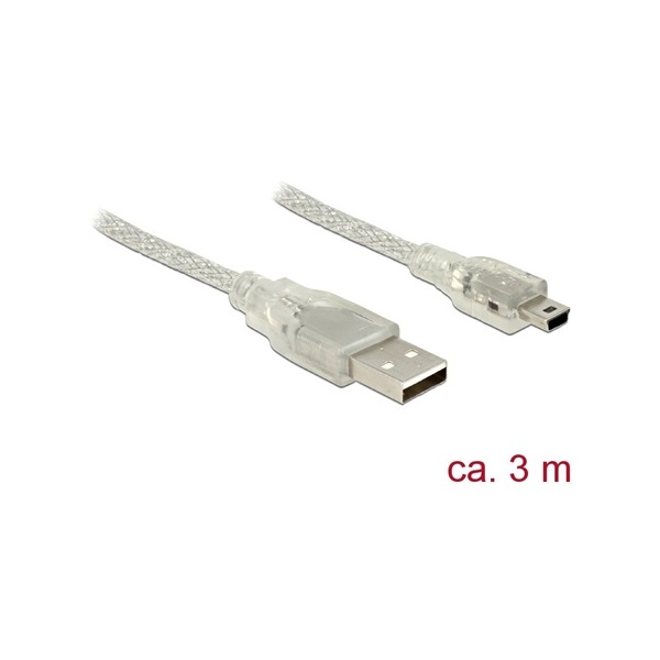 Delock 83908 USB 2.0-s kábel A-típusú csatlakozódugóval > USB 2.0 Mini-B csatlakozódugóval, 3 m, áttetsző