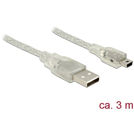 Delock 83908 USB 2.0-s kábel A-típusú csatlakozódugóval > USB 2.0 Mini-B csatlakozódugóval, 3 m, áttetsző