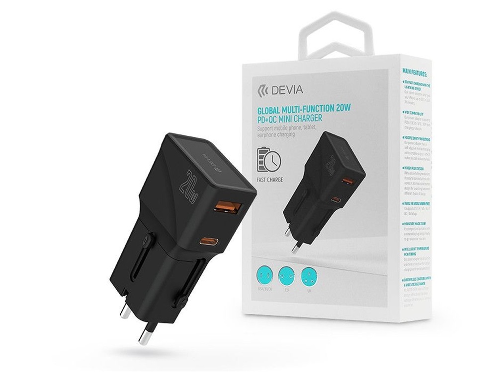 Devia ST102040 20W PD + QC Mini (CN/JP/US/EU/UK/AU) többfunkciós hálózati töltős utazó adapter