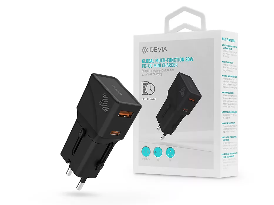 Devia ST102040 20W PD + QC Mini (CN/JP/US/EU/UK/AU) többfunkciós hálózati töltős utazó adapter