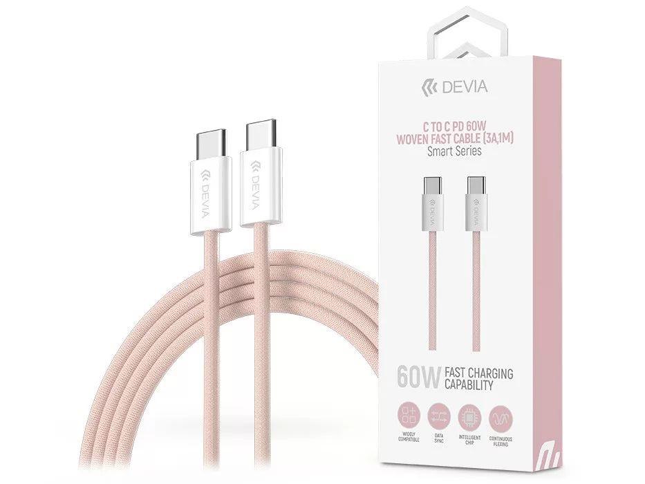 Devia ST106178 Smart Series Woven 1m 60W PD Type-C/Type-C rózsaszín adat és töltőkábel