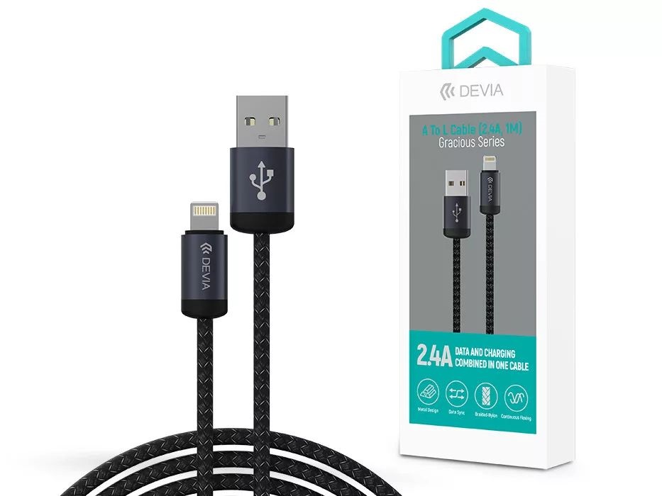 Devia ST108035 Gracious v2 12W USB/Lightning 1m -es fekete adat-és töltőkábel