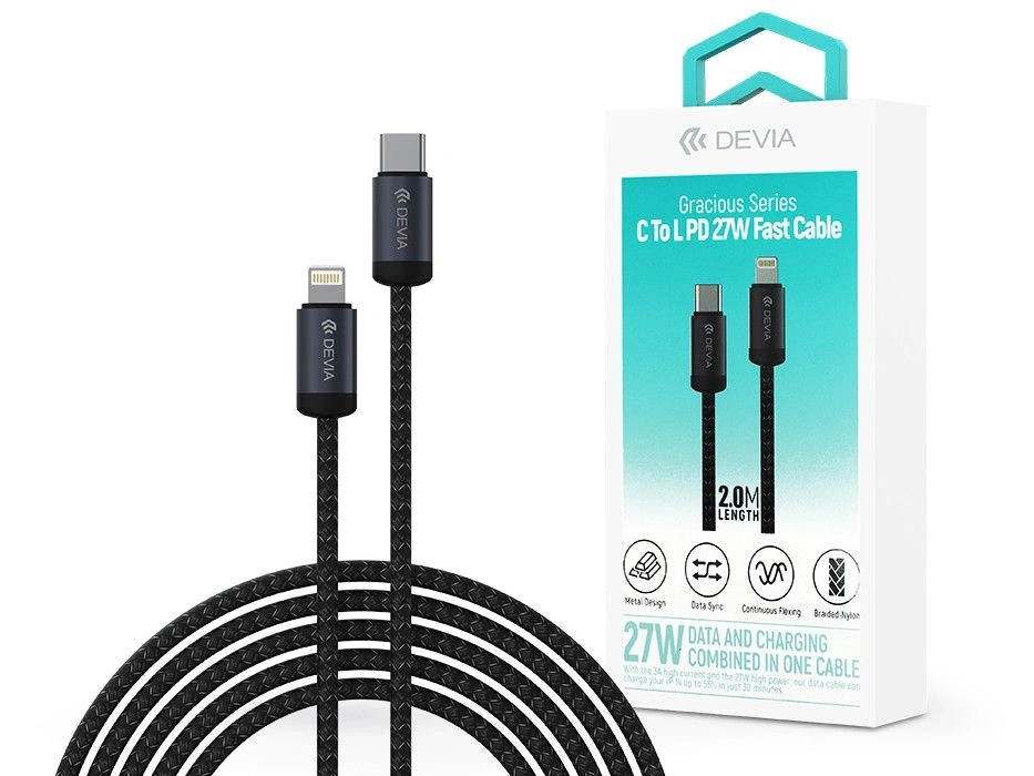 Devia ST108059 Gracious Series 27W PD Type-C/Lightning fekete 2m adat és töltőkábel