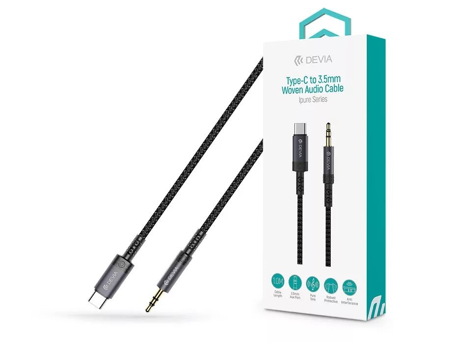 Devia ST111943 iPure Series Woven 1m AUX 3,5mm jack - Type-C fekete audio kábel
